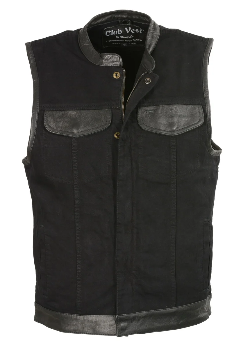 Dependable Club Vest CVM3010 Men’s Black Denim Vest with Leather Trim Accents Casual