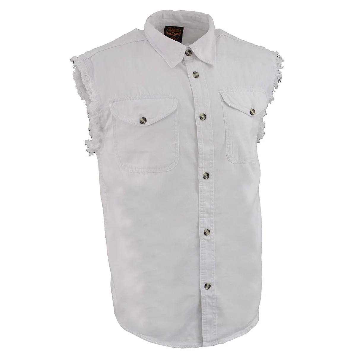 Prestigious Milwaukee Leather DM4006 Men’s White Denim Lightweight Shirt with Sleeveless Frayed Cut Off Luxury