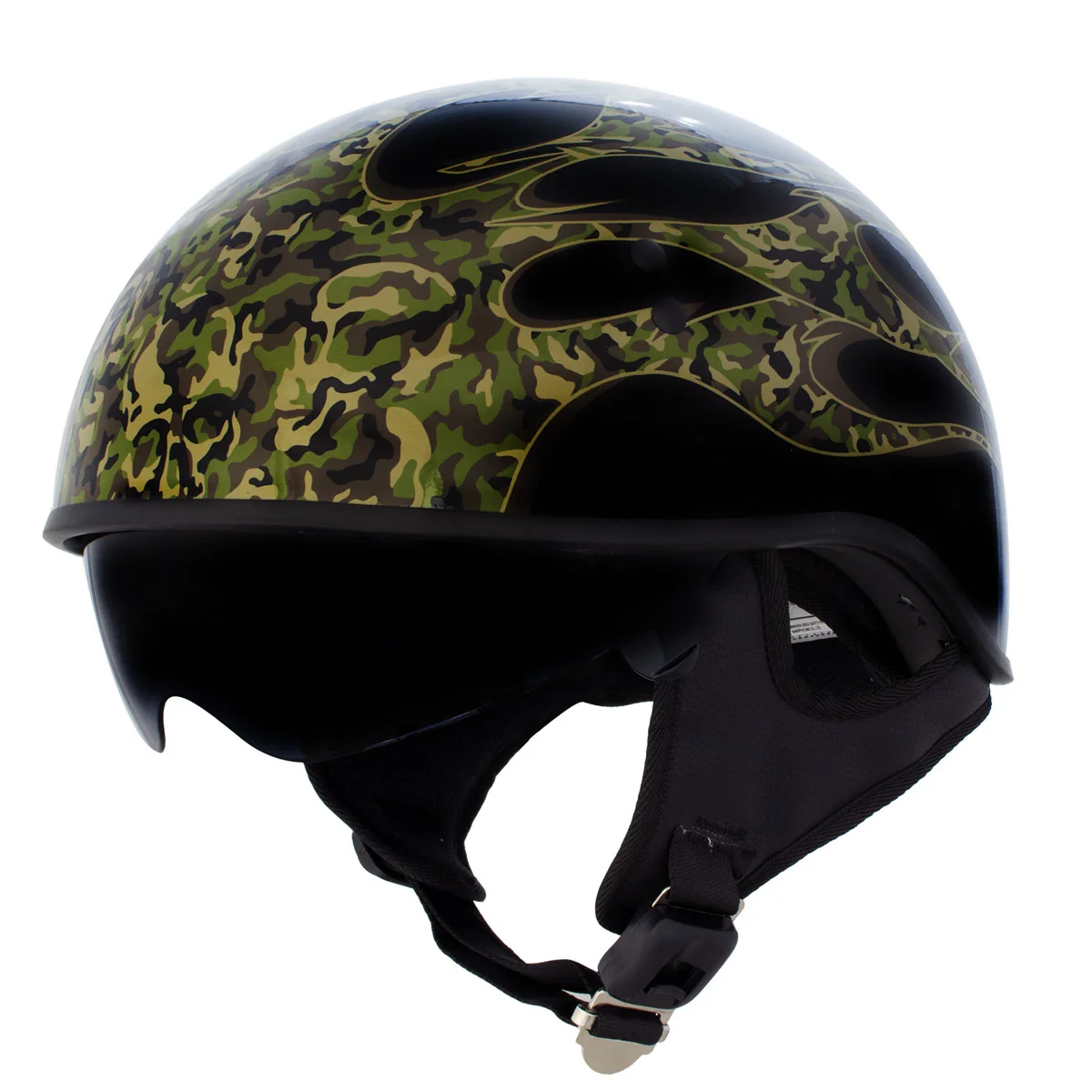 Verified Hot Leathers HLD1047 Gloss Black Camo Skull Flames DOT Skull Half Motorcycle Helmet w Drop Down Tinted Visor Innovative