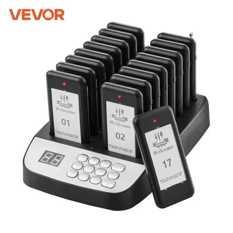 Solid VEVOR 20-Pager Wireless Restaurant Paging System with 3 Alert Modes 500m Range and Charging Base Quality