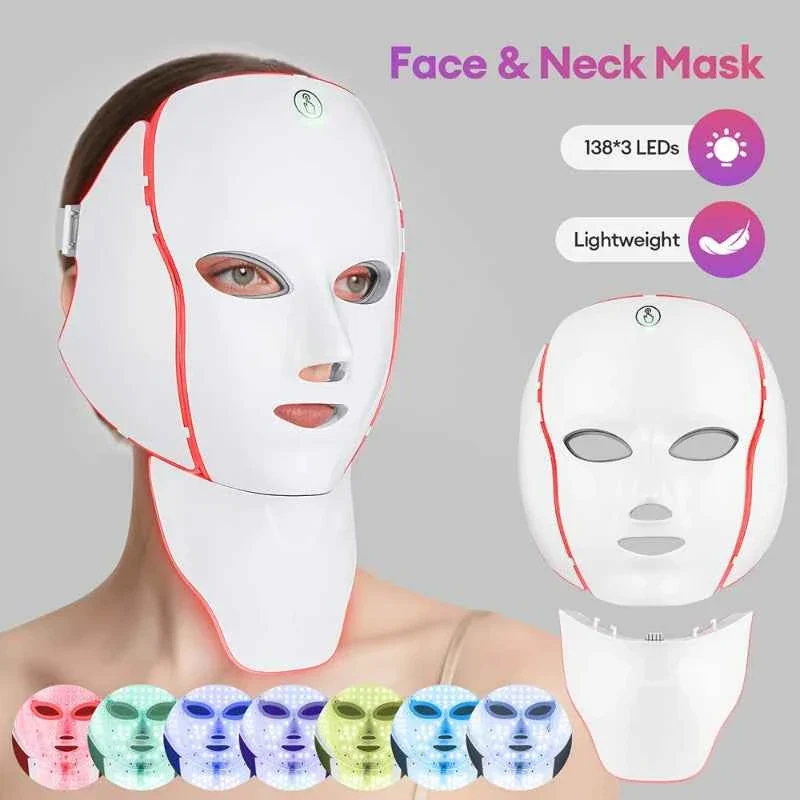 Safe 7-Color LED Face Neck Mask with 138 3 LEDs – Wireless Rechargeable Light Therapy Beauty Device Sophisticated