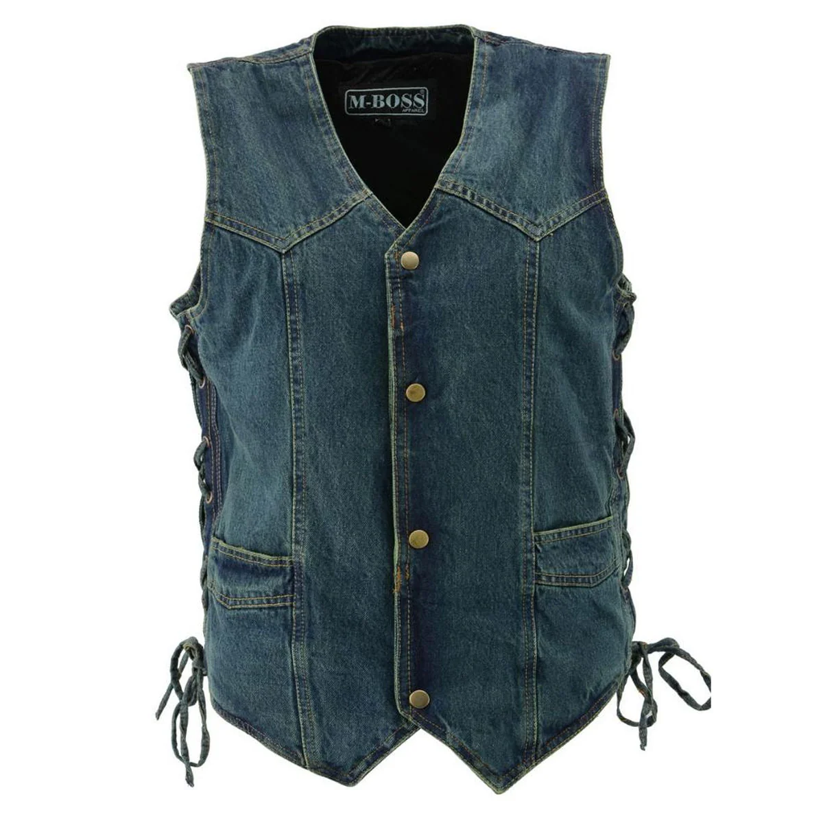 Natural M Boss Motorcycle Apparel BOS13003 Men’s Blue Denim Motorcycle Side Lace Vest with Quick Draw Pocket User-Friendly