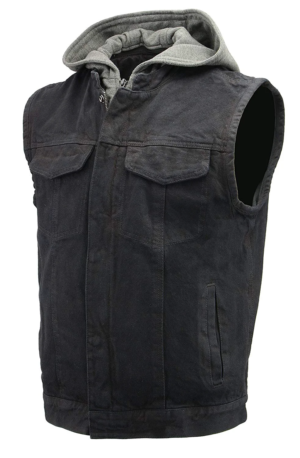 Modern Men s Denim Rustic and Casual Black Jean Club Style Biker Riding Vest with Removable Hoodie BZ7200