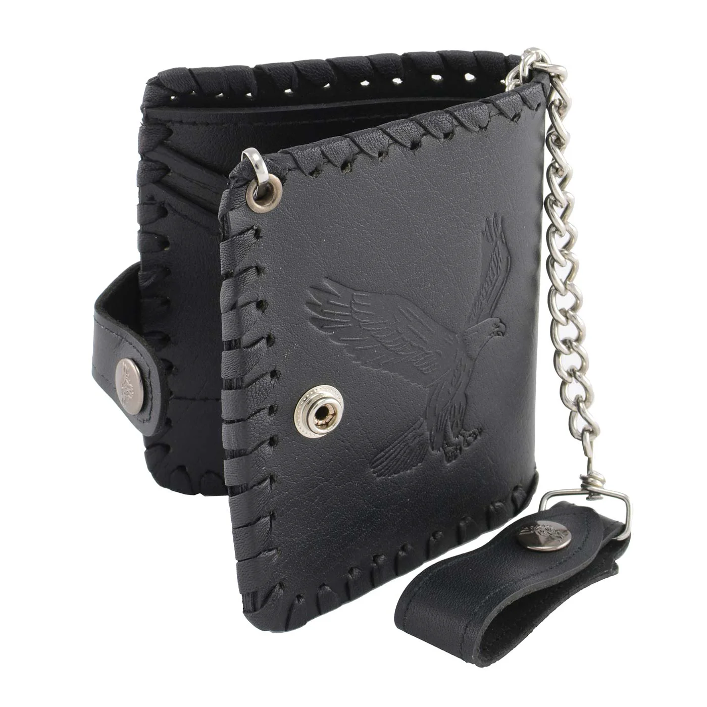 Artisan Milwaukee Leather MLW7800 Men’s Black 5 Leather Flying Eagle Braided Bi-Fold Wallet w Anti-Theft Stainless Steel Chain Fashionable