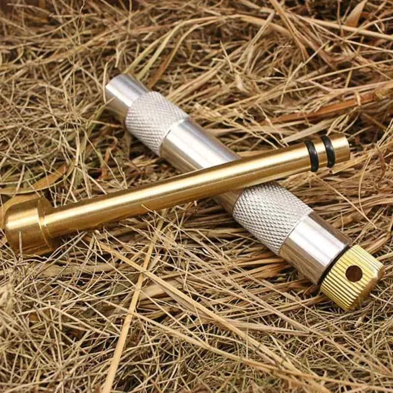 Consistent Portable Metal Fire Piston with Brass-Coloured Rod and Knurled Grip for Camping Survival Solid