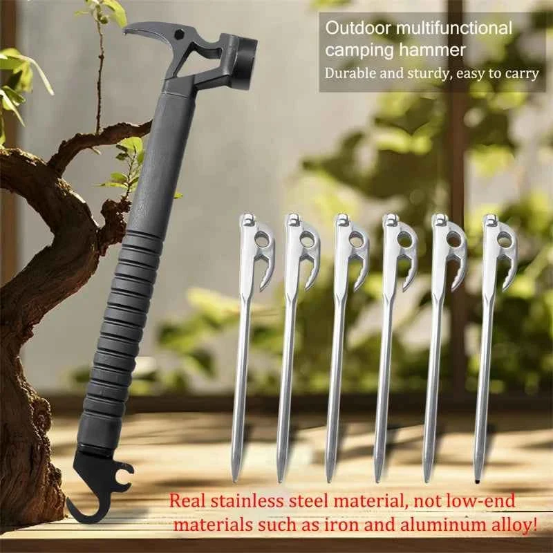 Comfortable 1 6 7-Piece Stainless Steel Multifunctional Camping Hammer and Tent Peg Set with Stake Puller Refined