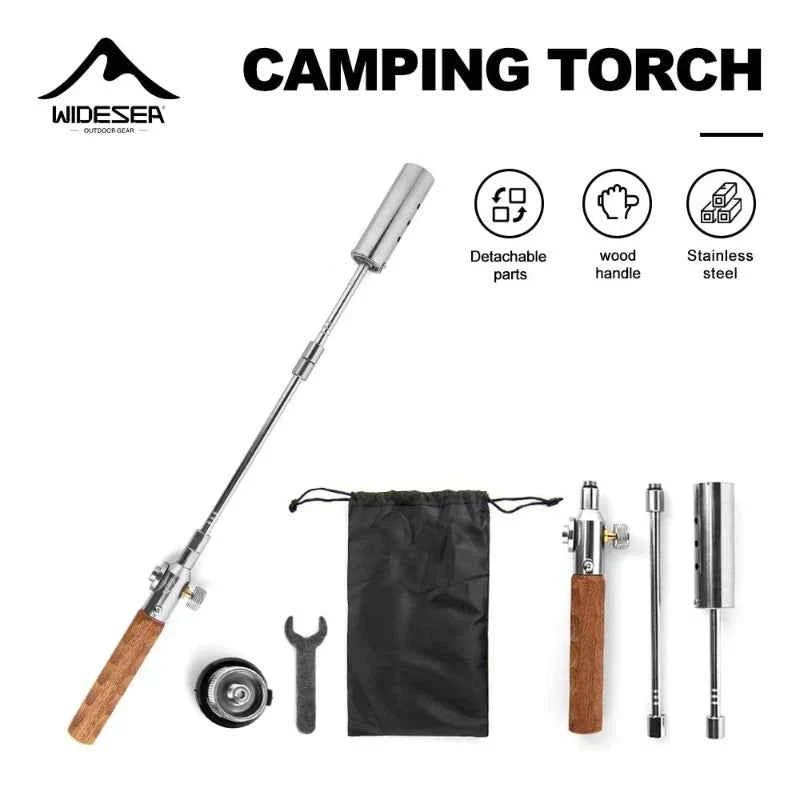 Effective WIDESEA Long-Handle Detachable Stainless Steel Camping Torch with Wooden Grip Carry Pouch Convenient
