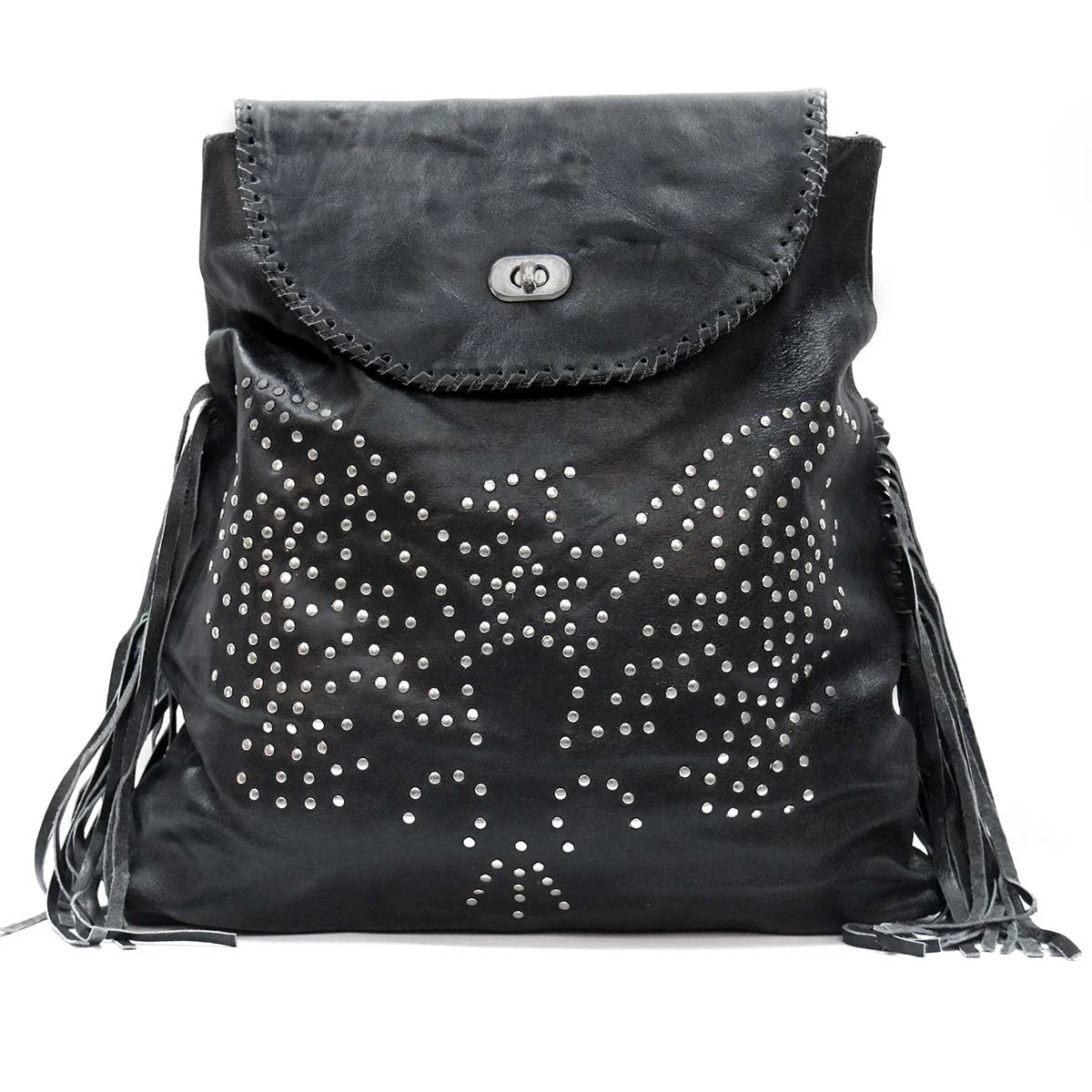 Comfortable Hot Leathers BPA1022 Ladies Black Leather Studded Backpack with Fringe Functional