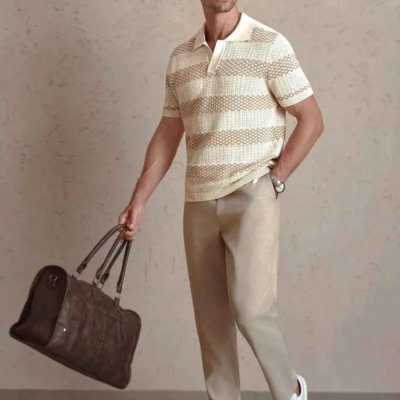 Premium Men s Striped Knit Polo Shirt with Short Sleeves and Turn-Down Collar Safe