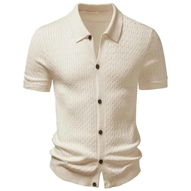 Expertly Made Men s Textured Knit Short-Sleeve Button-Up Shirt with Turn-Down Collar High-Performance