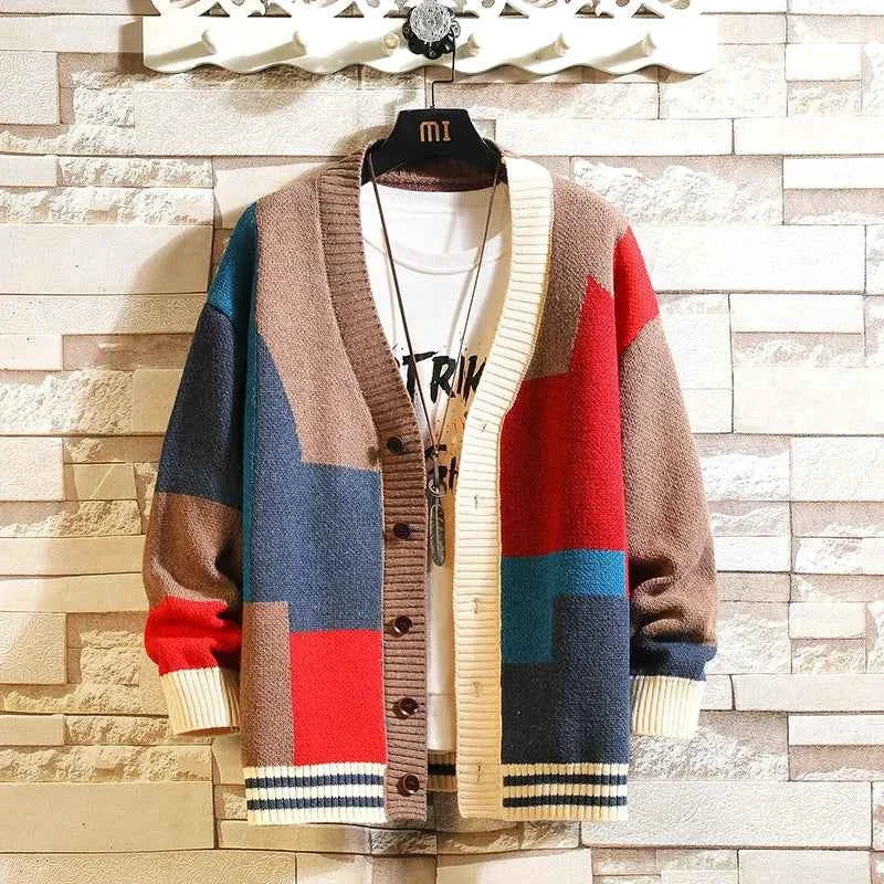 Genuine Multicolor Patchwork Knit Cardigan Sweater with V-Neck Button Front Ribbed Trim Traditional