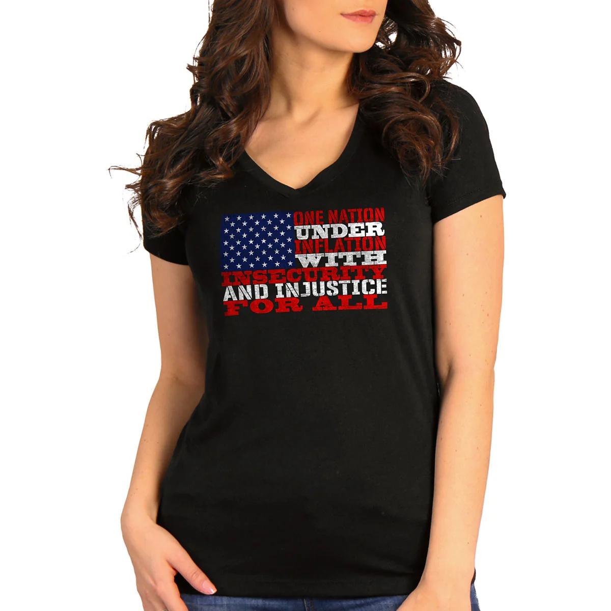 Smooth Hot Leathers GLC1570 Ladies Black One Nation Short Sleeve V-Neck T-Shirt Top-Quality