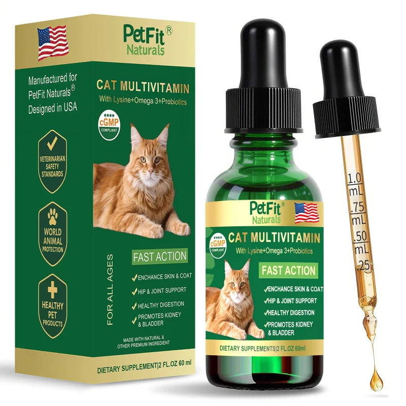 PetFit Naturals Liquid Cat Vitamins with Lysine Probiotics Omega-3 – Kidney Immune Skin Digestive Support 2 oz Sophisticated
