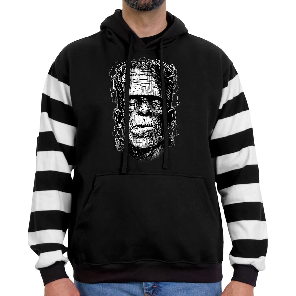 Stylish Hot Leathers GSM6006 Men’s Black and White ‘Frankie’ Hooded Pullover Sweatshirt with Knit Strip Sleeves Fast
