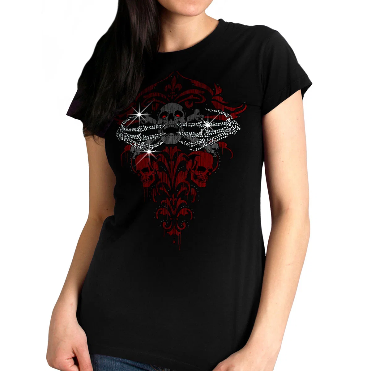 Fine Hot Leathers GLC1561 Ladies Black Skeleton Bling Hands T-Shirt Detailed