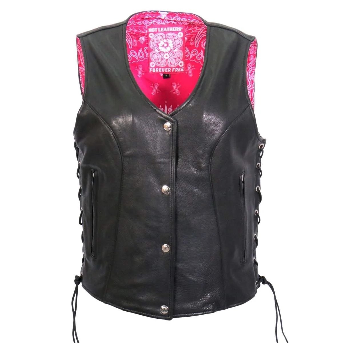Traditional Hot Leathers L1018 Ladies ‘Pink Paisley’ Lined Black Leather MC Vest Prestigious