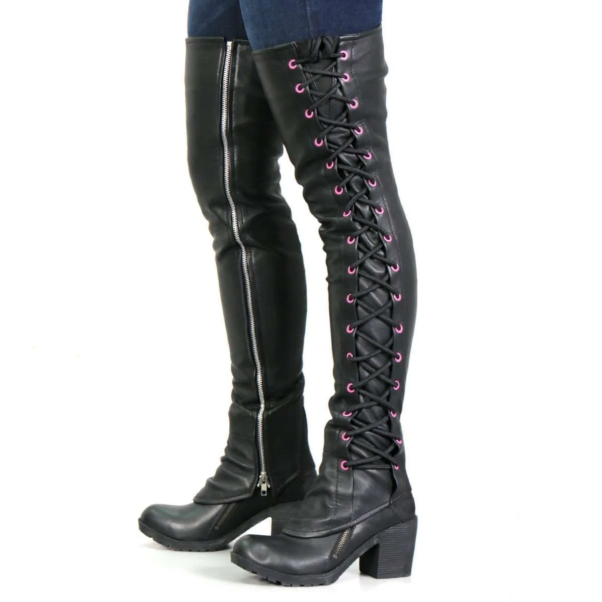 Breathable Hot Leathers LCU1005 Ladies Black Lambskin Leather Leggings with Pink Side Lace Professional