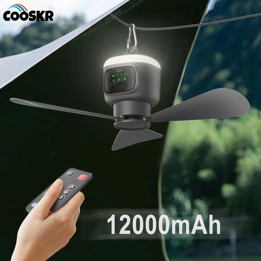 Casual 12000mAh Rechargeable Tent Ceiling Fan with Remote Control LED Light – 7.5hr Runtime for Camping Relaxed