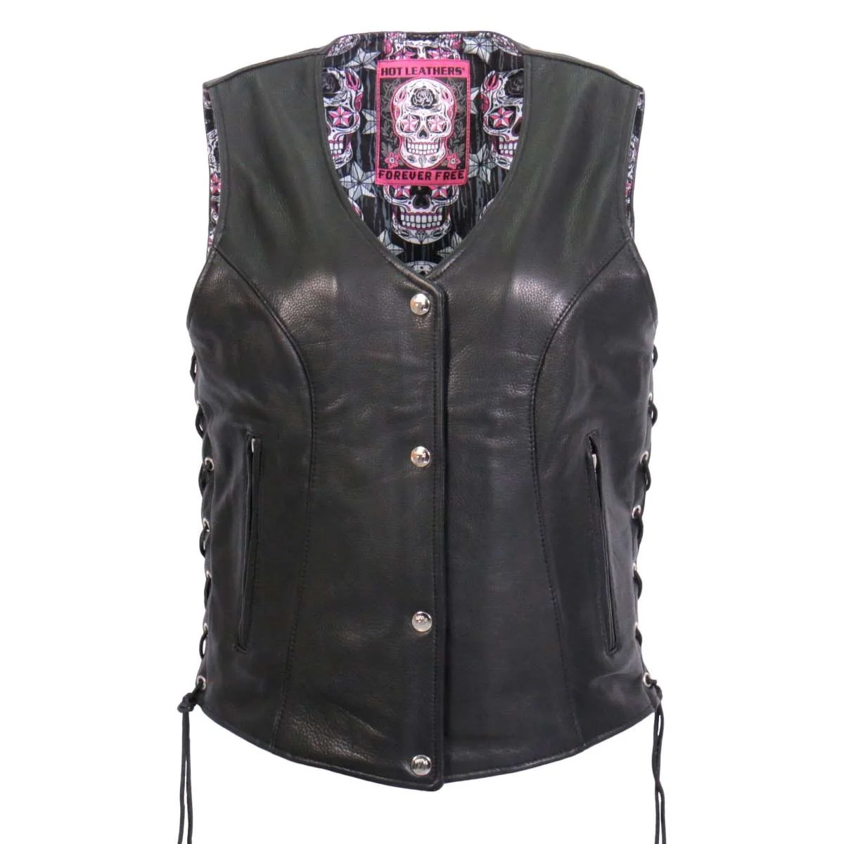 Fine Hot Leathers L1017 Ladies ‘Sugar Skull’ Lined Black Leather MC Vest Trendy