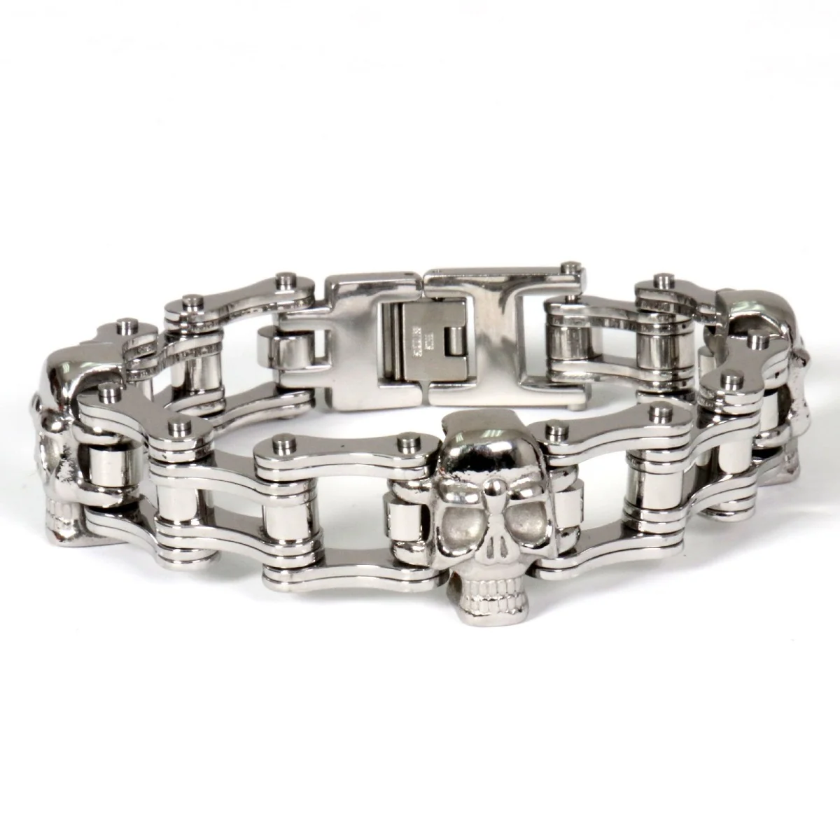Proven Hot Leathers JWB4109 Double Wide Silver Motorcycle Chain Skull Bracelet Reusable