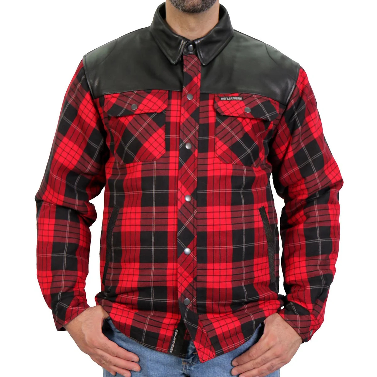Durable Hot Leathers JKM3201 Men s CE Armored Flannel Motorcycle Shirt Jacket – Aramid Reinforced w Leather Shoulder Panels Proven