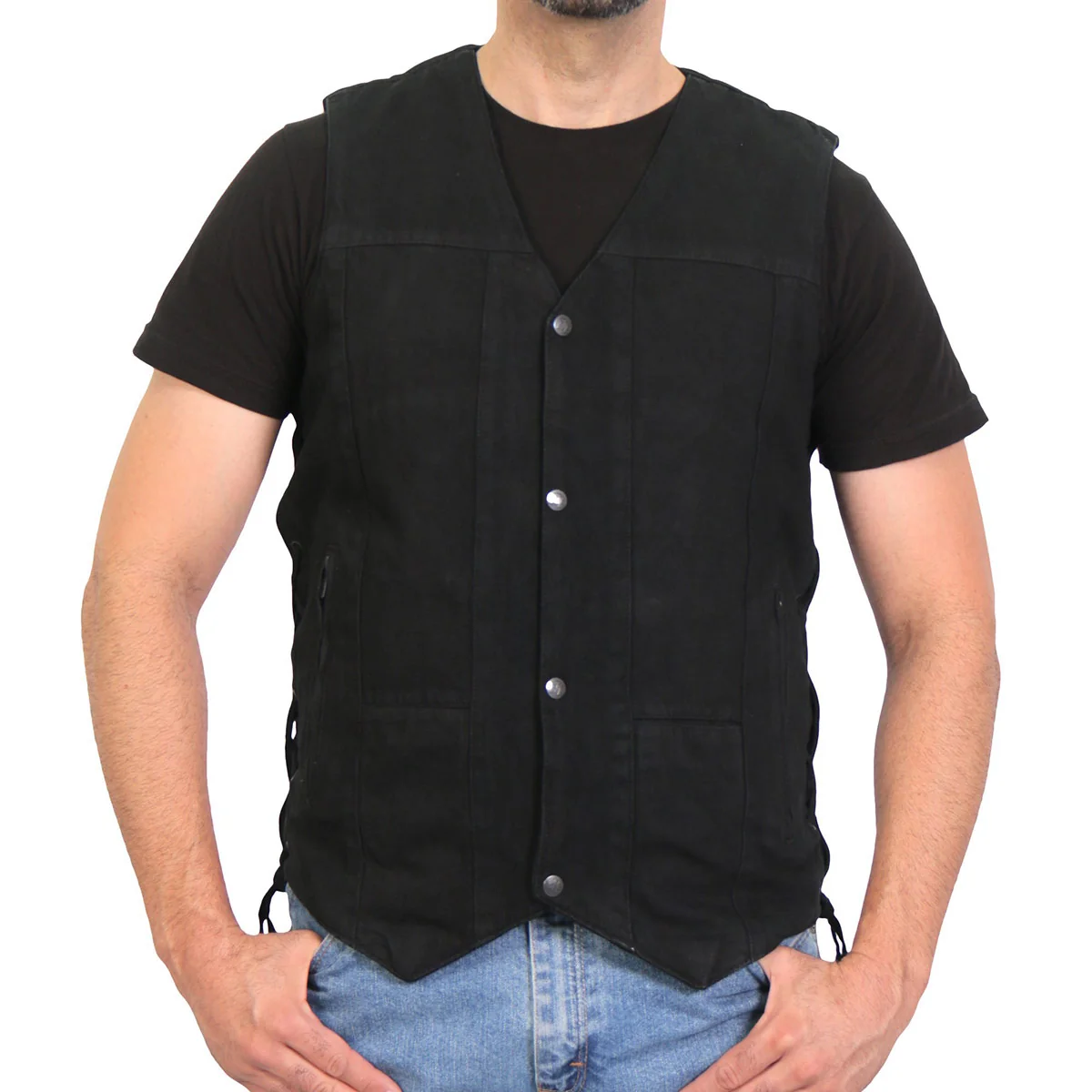 Trusted Hot Leathers M6102 Men’s Classic Black Denim Vest with Side Laces Specialty