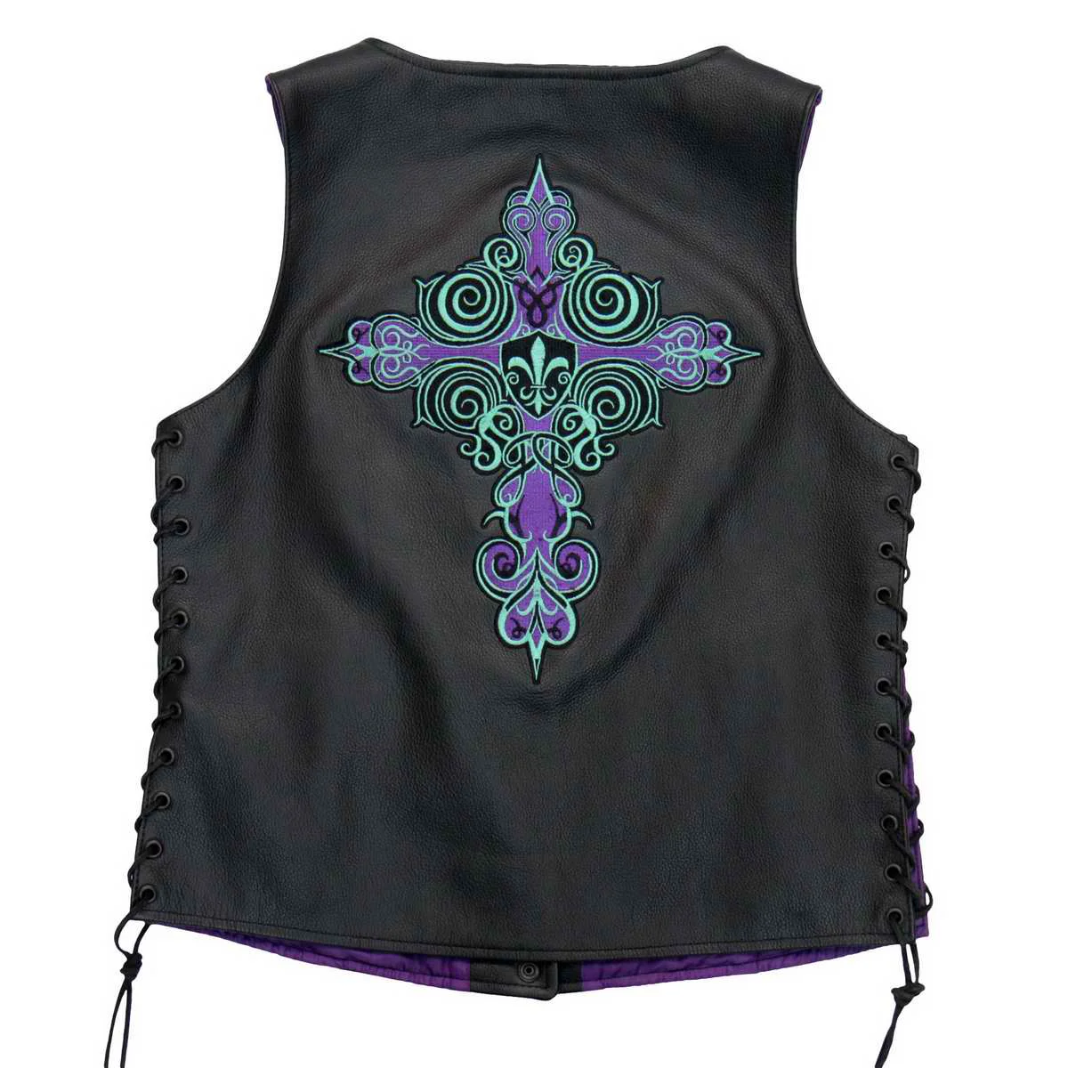 Modern Hot Leathers L2001 Ladies Black ‘Fleur De Lis Cross’ Leather Vest Healthy