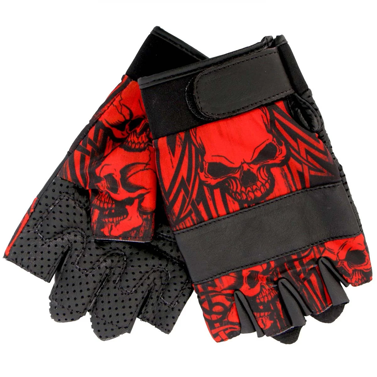Detailed Hot Leathers GVM3010 Uni-Sex Black ‘Red Skull’ Fingerless Leather Gloves Original Design