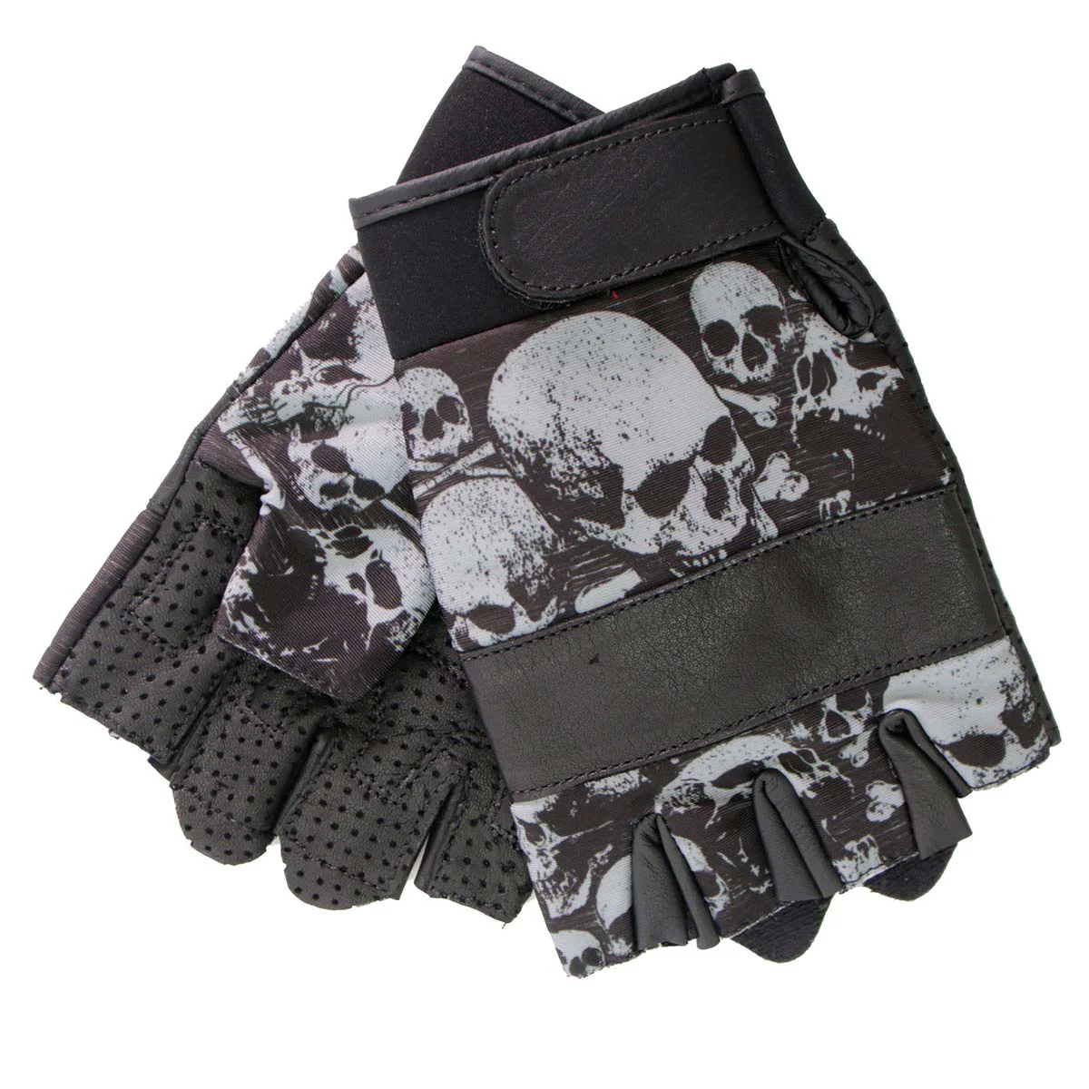 Top-Quality Hot Leathers GVM3009 Uni-Sex Black ‘Ancient Skulls’ Fingerless Leather Gloves Unique