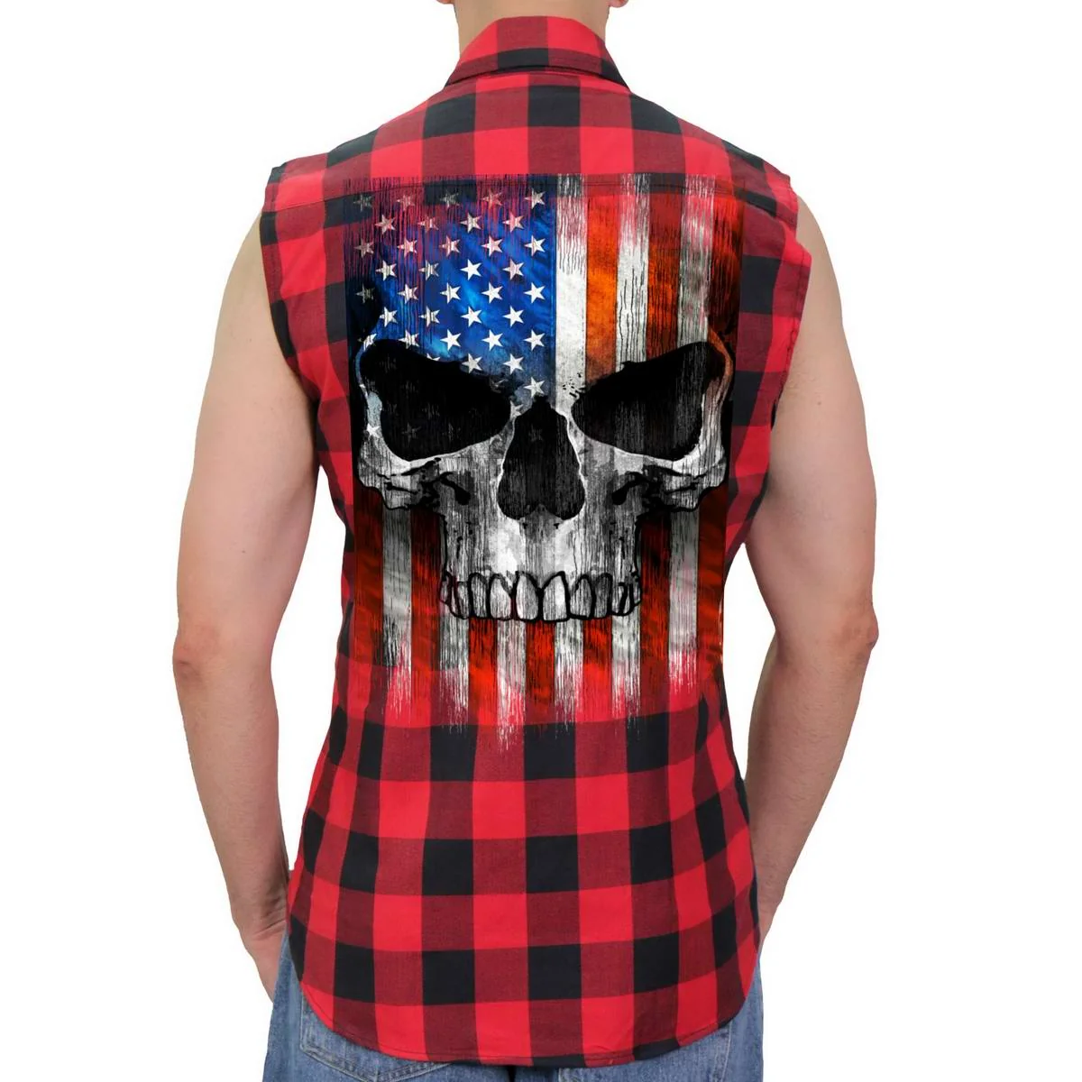 Relaxed Hot Leathers GMS3491 Men s Black and Red Patriot Skull Sleeveless Flannel Shirt Effective