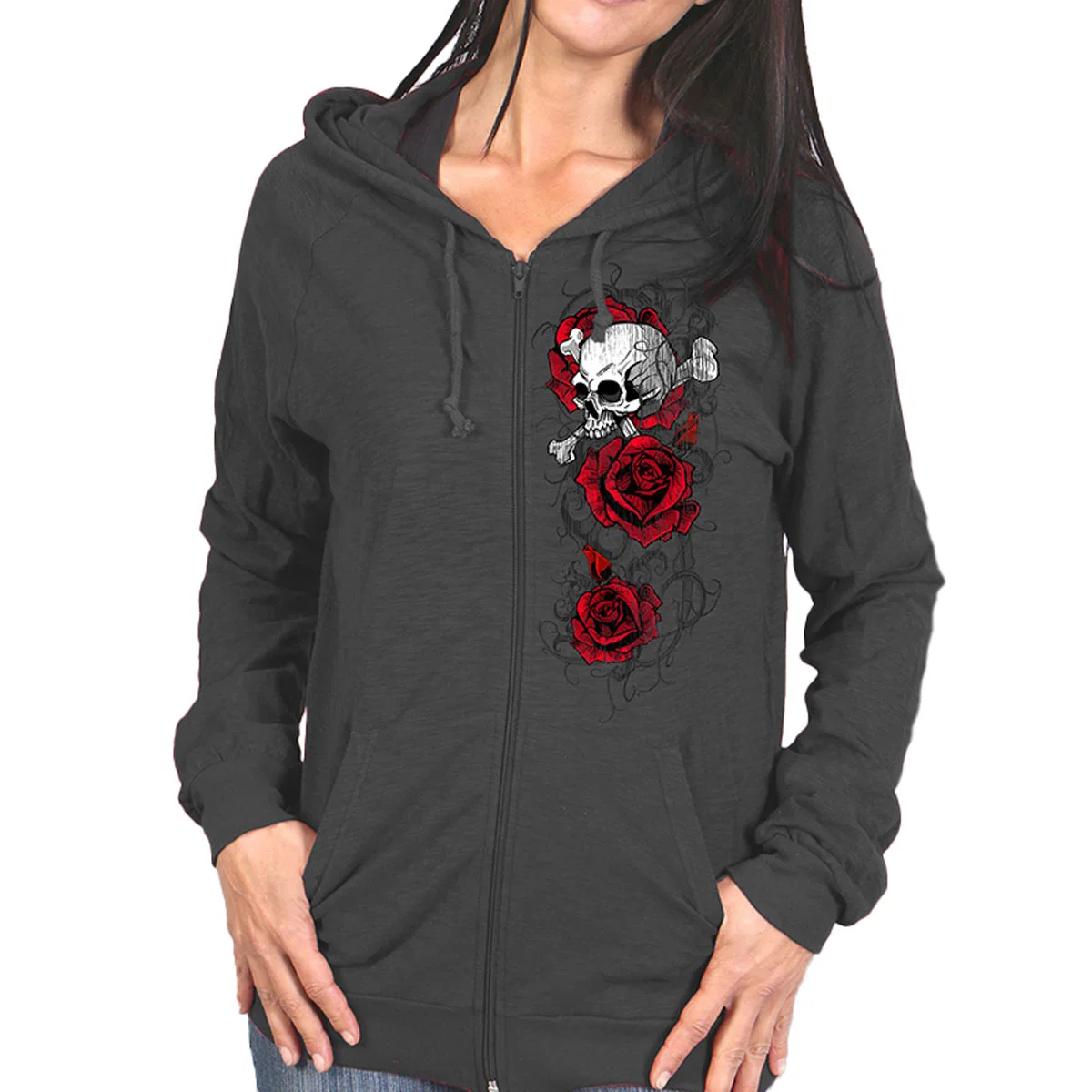World-Class Hot Leathers GLZ4525 Ladies Skull Roses Dark Gray Hooded Sweatshirt Casual