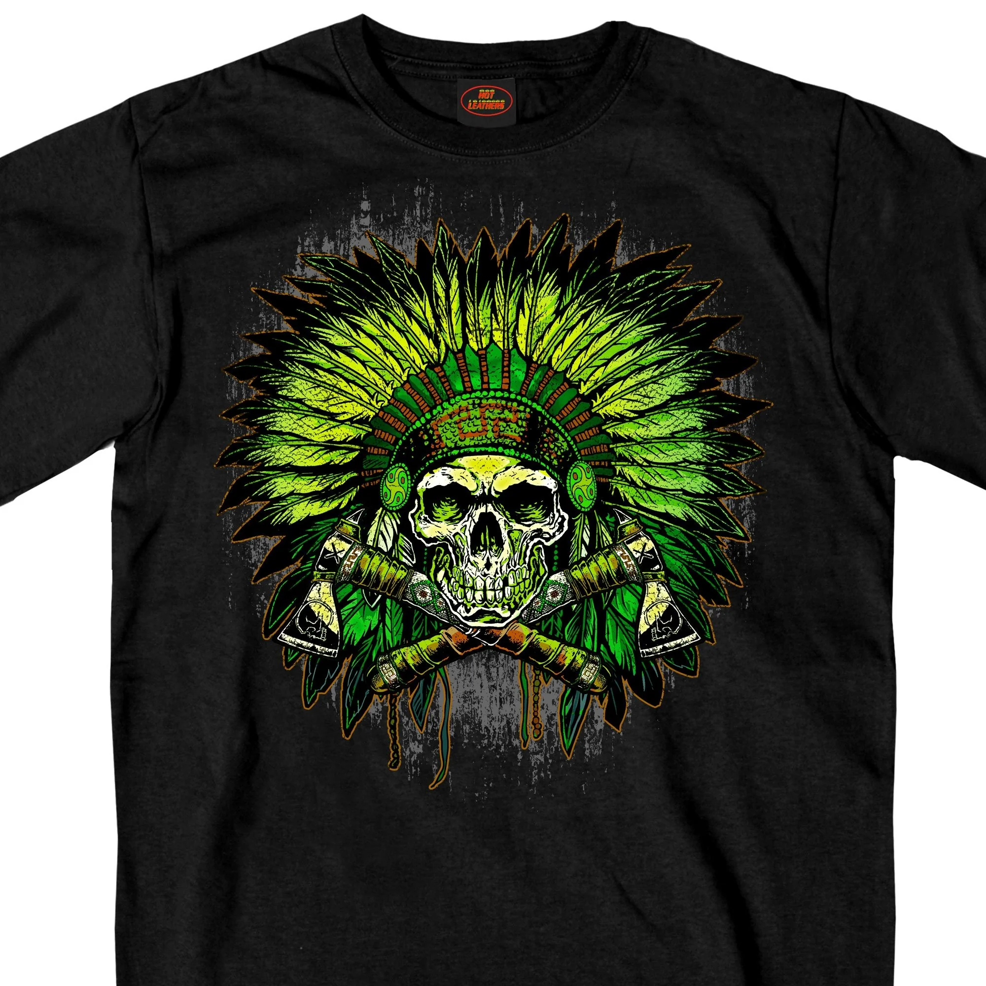 Consistent Hot Leathers GMS1463 Mens Green Indian Headdress Skull Black T-Shirt Trendy