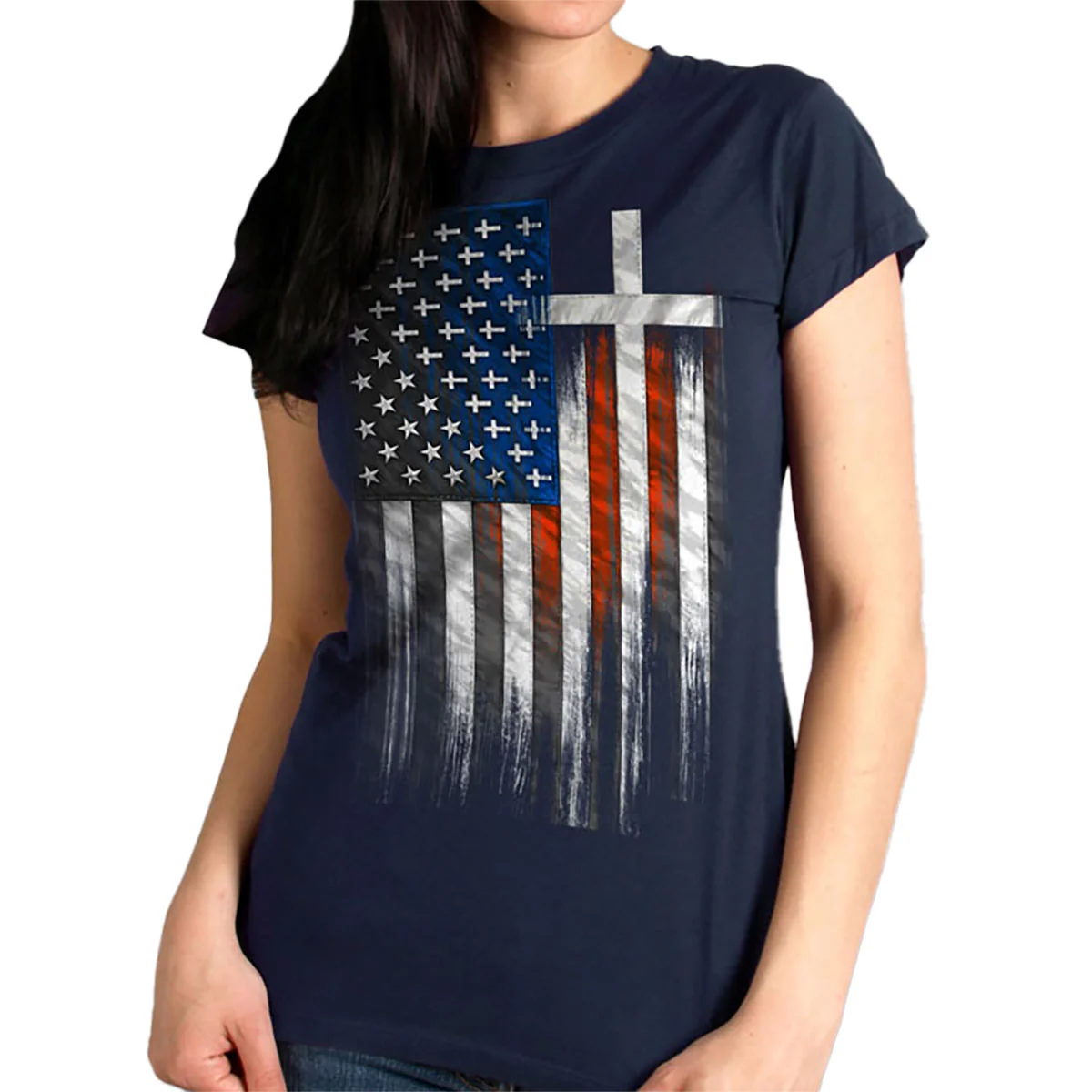 Breathable Hot Leathers GLR1520 American Flag Crosses Ladies Black T-Shirt Convenient