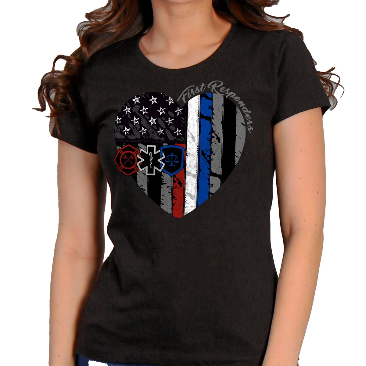 Casual Hot Leathers GLR1517 Heart First Responders Ladies Black T-Shirt Eco-Friendly