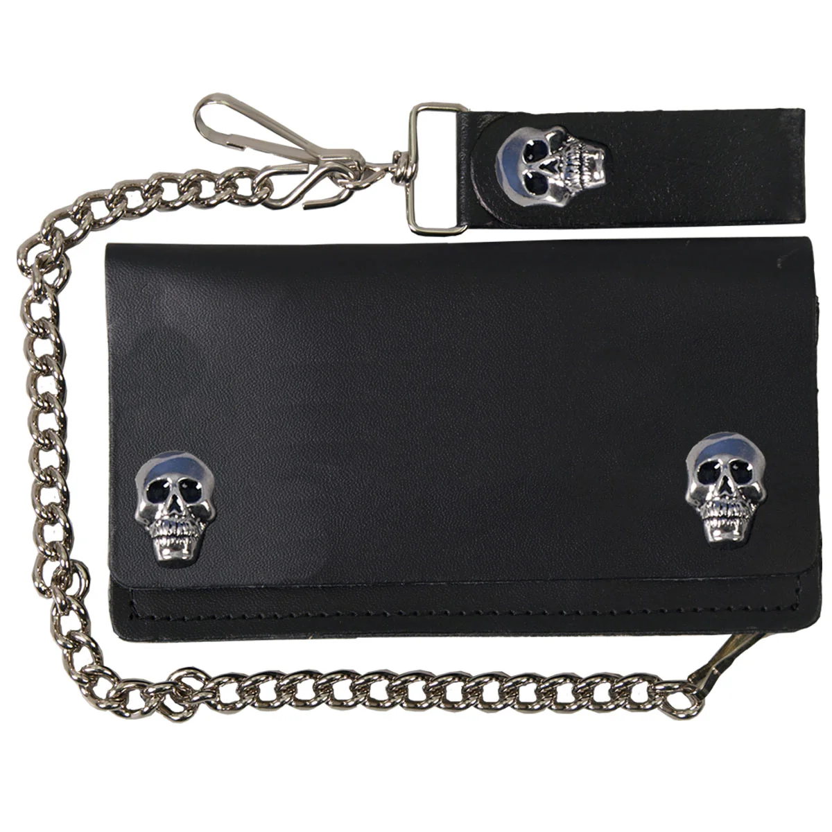 Premium Hot Leathers WLA2004 Skull Snap Bi-Fold Black Leather Wallet with Chain Quality