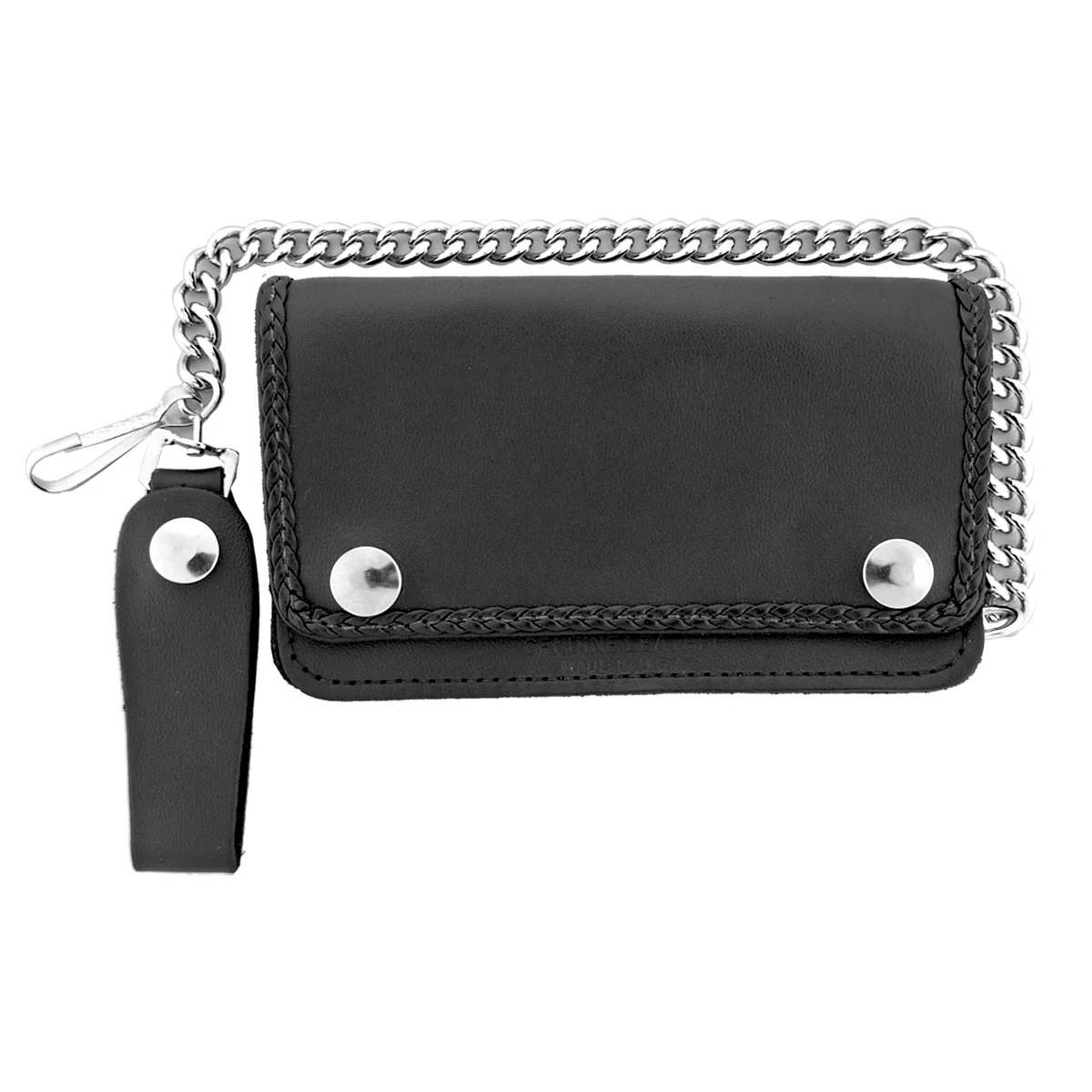Convenient Hot Leathers WLC1002 5 Pocket Bi-fold Braided Detail Black Leather Wallet with Chain Expertly Made