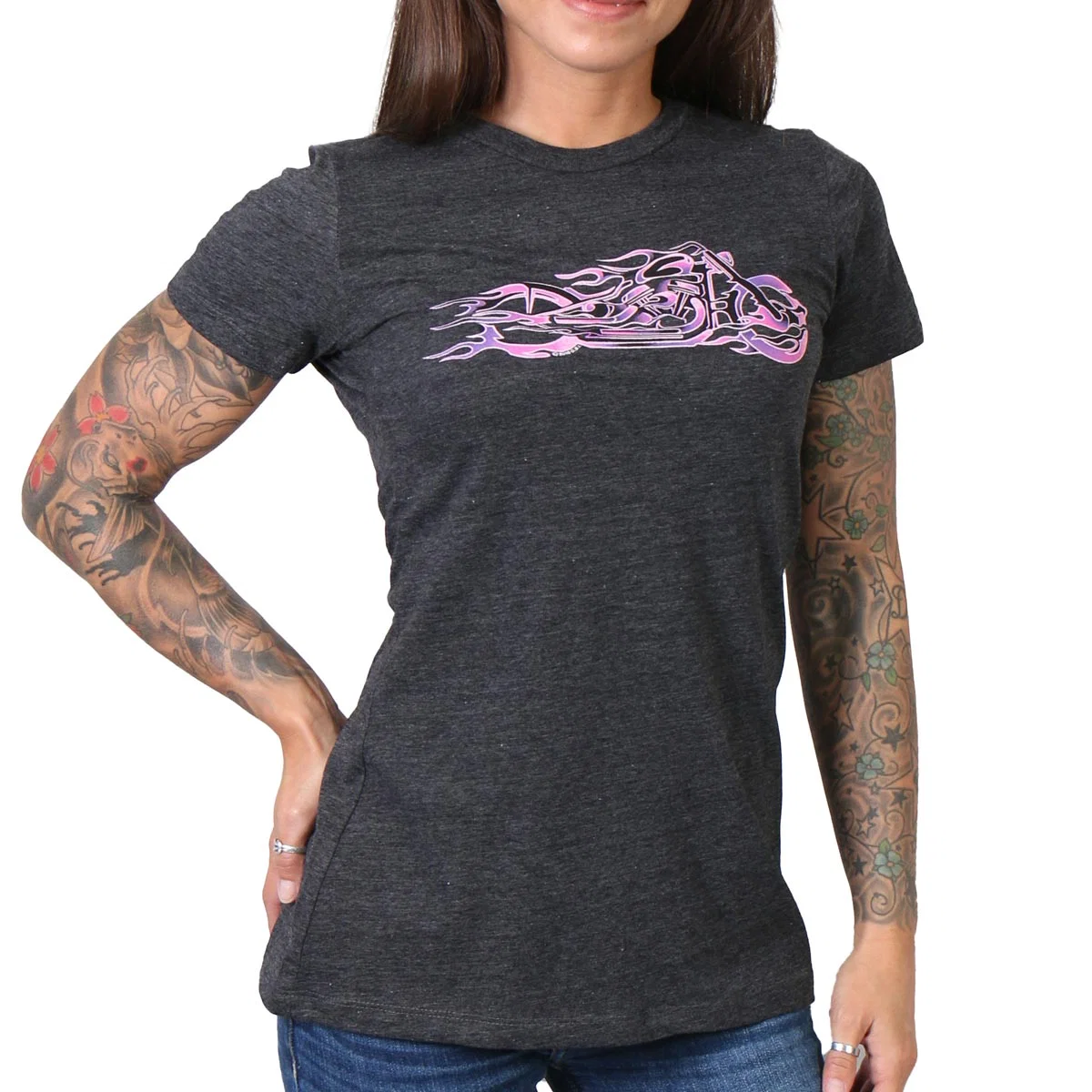 Premium Material Hot Leathers GLR1215 Ladies Pink and Purple Fire Bobber Full Cut Motorcycle T-Shirt Minimalist
