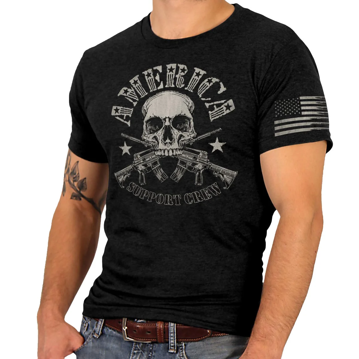 Trendy Hot Leathers GML1005 Men s American Support Crew Black T-Shirt Premium Material