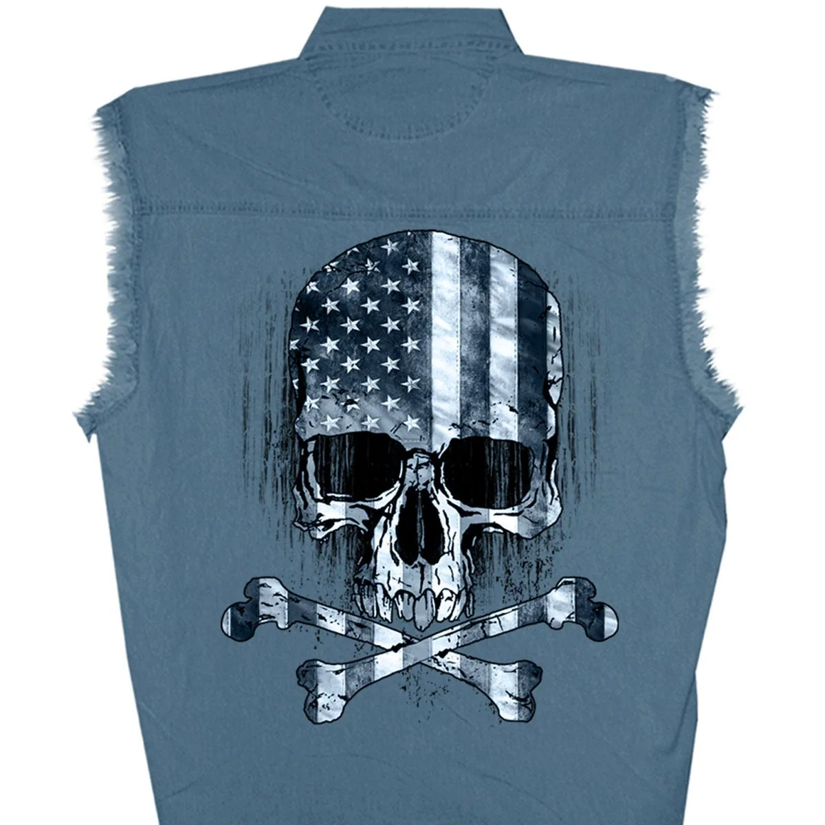 Selected Hot Leathers GMD5372 Mens ‘Flag and Skull’ Sleeveless Blue Denim Shirt Excellent