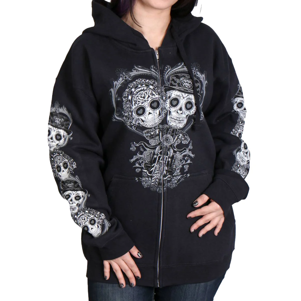 Reliable Hot Leathers GLZ4408 ‘Sugar Couple’ Full Cut Zip Up Hoodie Black Sweat Shirt Enhanced