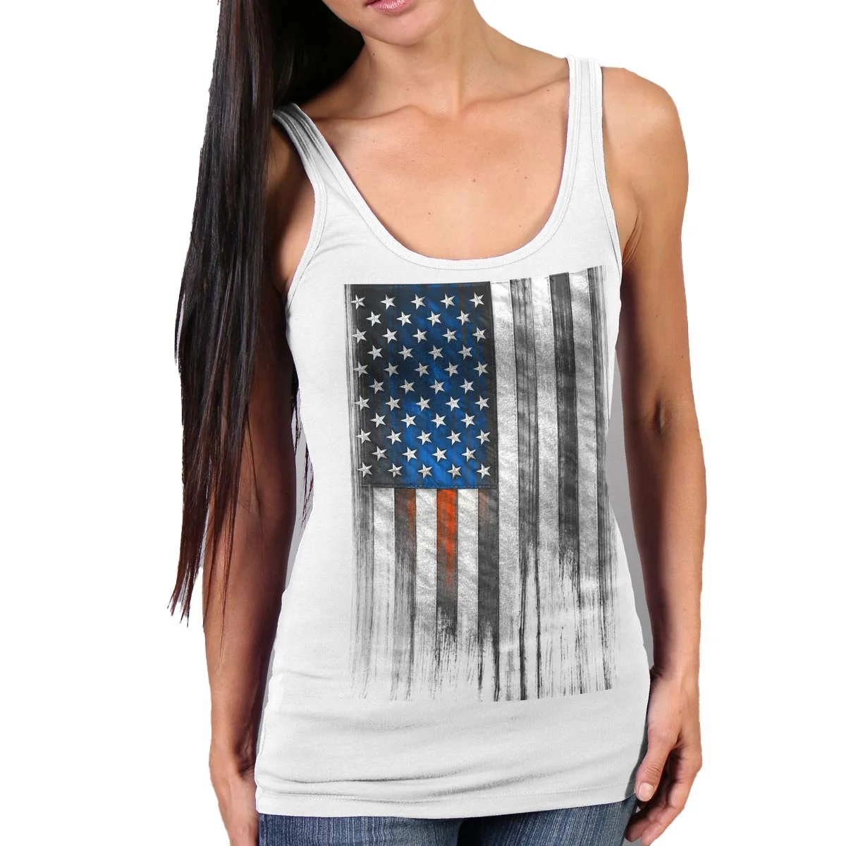 Reusable Hot Leathers GLC2482 Heartbeat Flag Ladies White Tank Top Shirt Lightweight