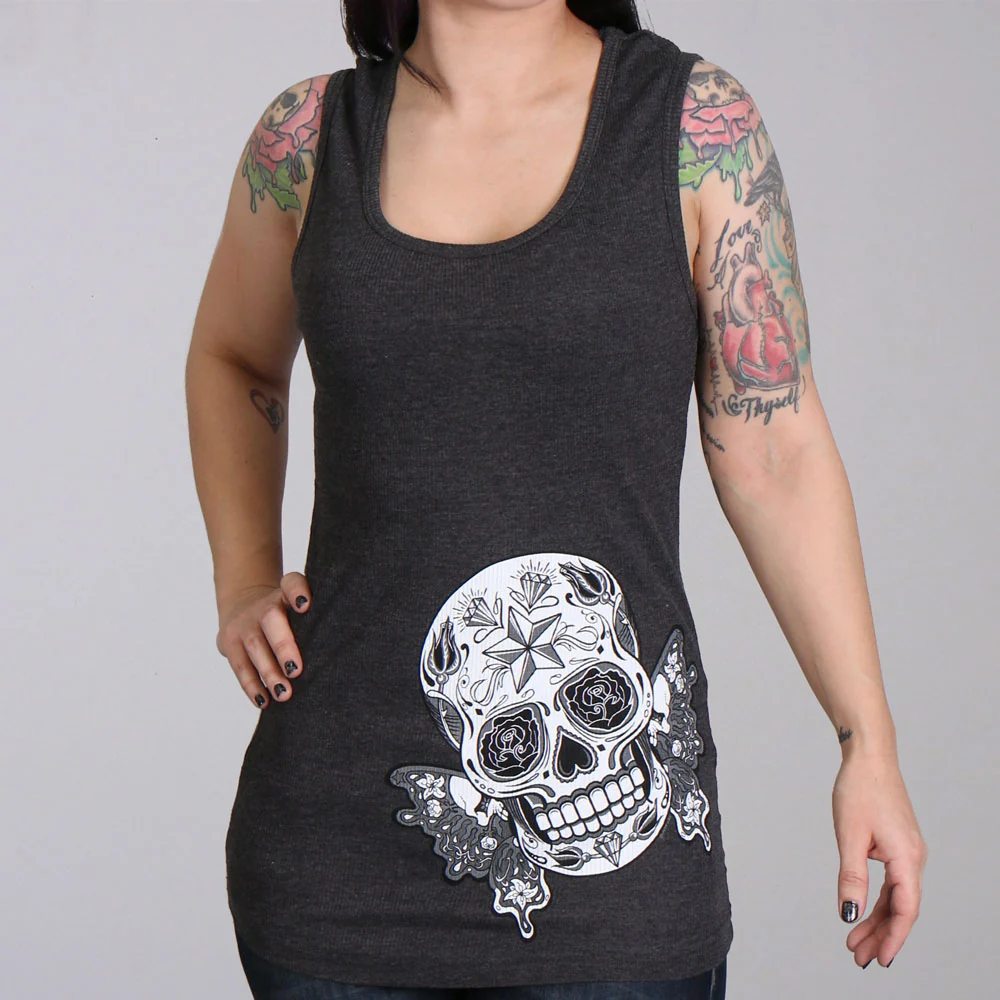 Efficient Hot Leathers GLR2388 ‘Butterfly Sugar Skull’ Full Length Boy Beater Heather Charcoal Tank Top Shirt Soft
