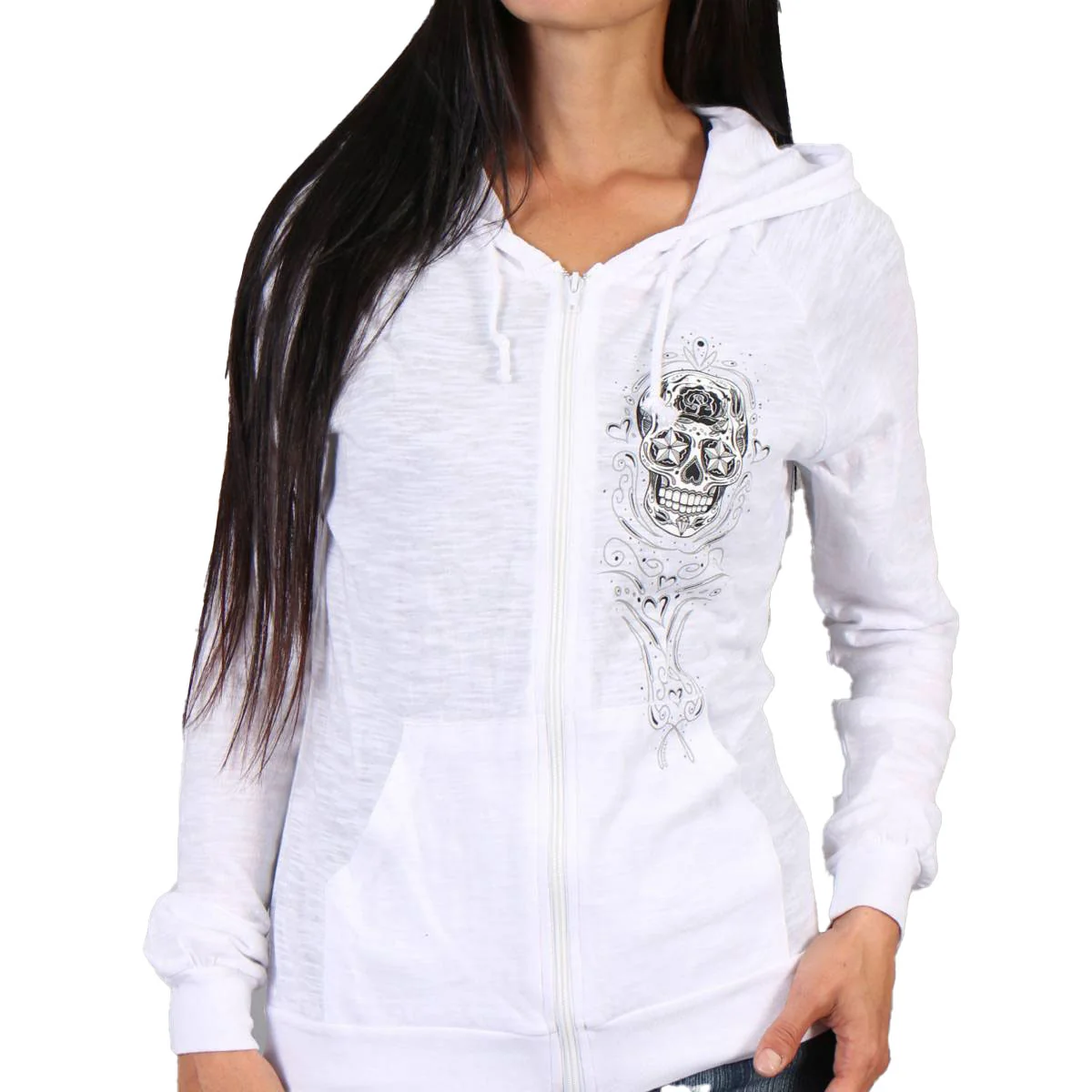 Top-Quality Hot Leathers GLZ4237 Ladies ‘Sugar Skull’ Lightweight Slubby Hooded White Hoodie Detailed