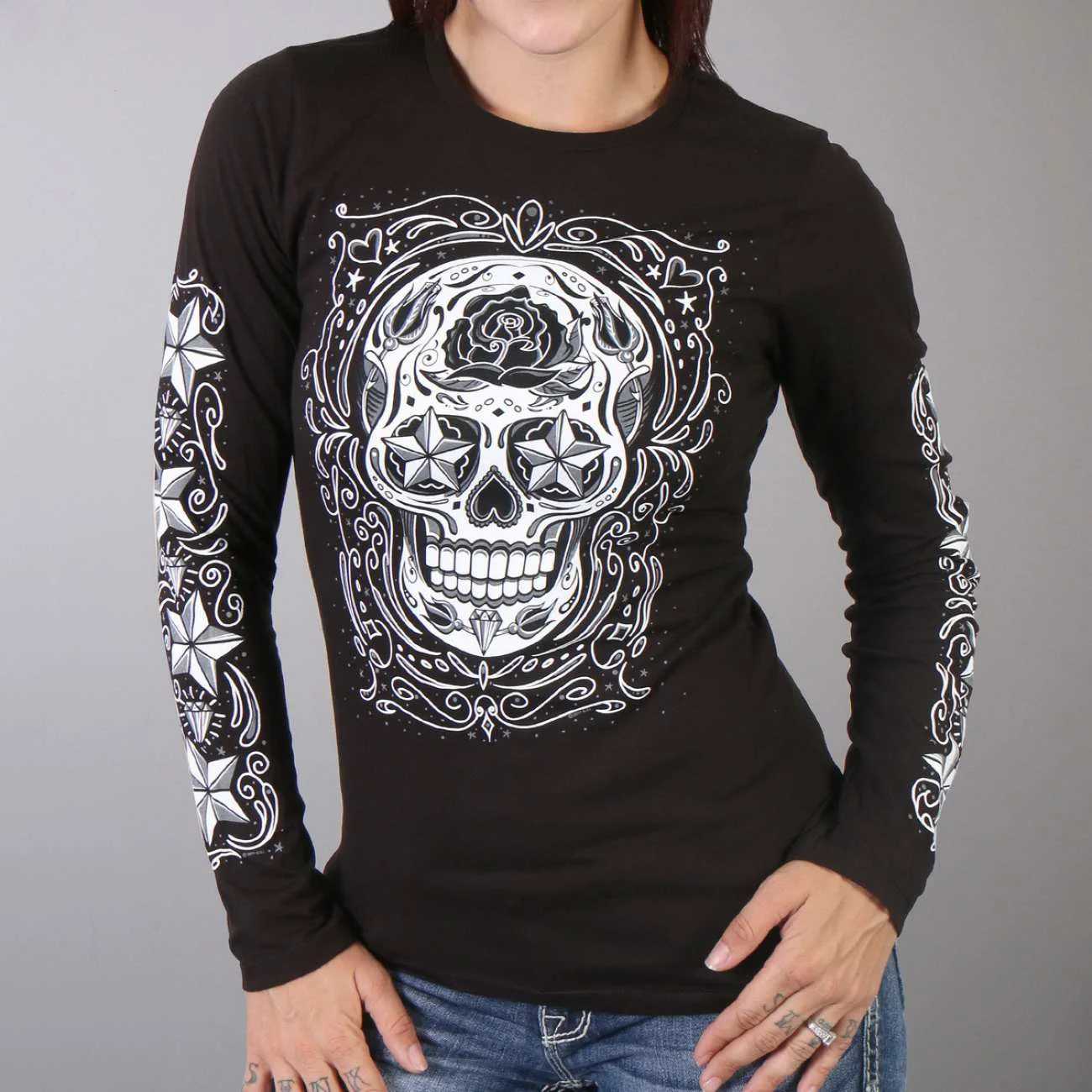 Crafted Hot Leathers GLC3183 Sugar Skull Black Long Sleeve Ladies Shirt Clean