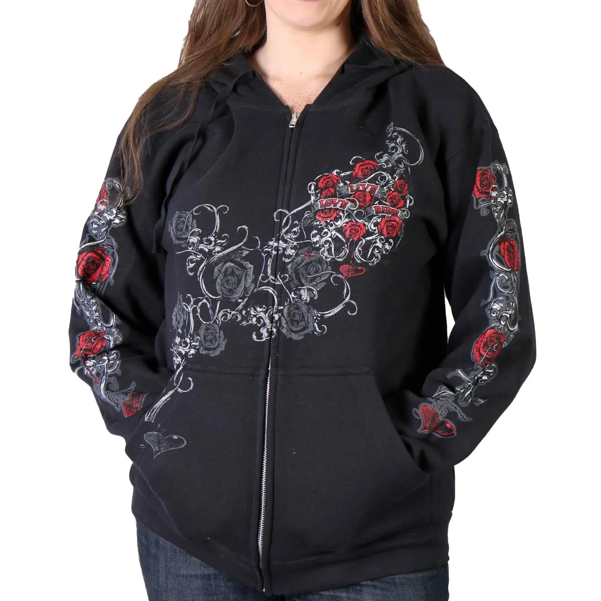 Soft Hot Leathers GLZ4246 Ladies Black Hoodie Sweatshirt with Live Love Ride and Roses Artwor Functional