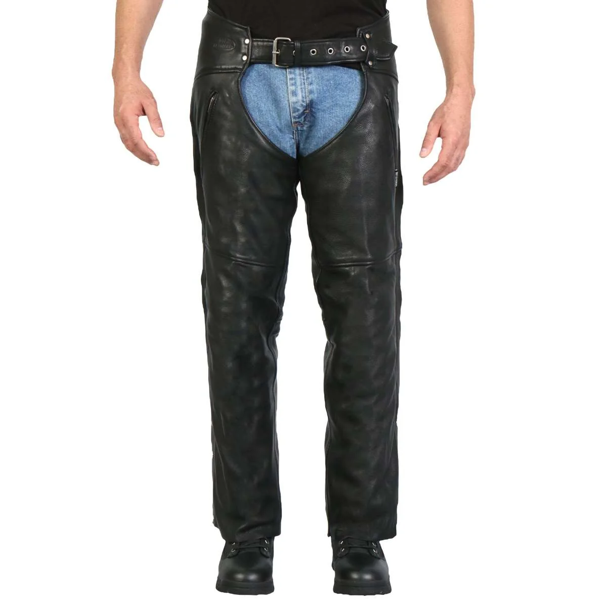 Enhanced Hot Leathers CHM1009 Men’s Black Leather 2 Pocket Mesh Lined Motorcycle Rider Chaps Natural