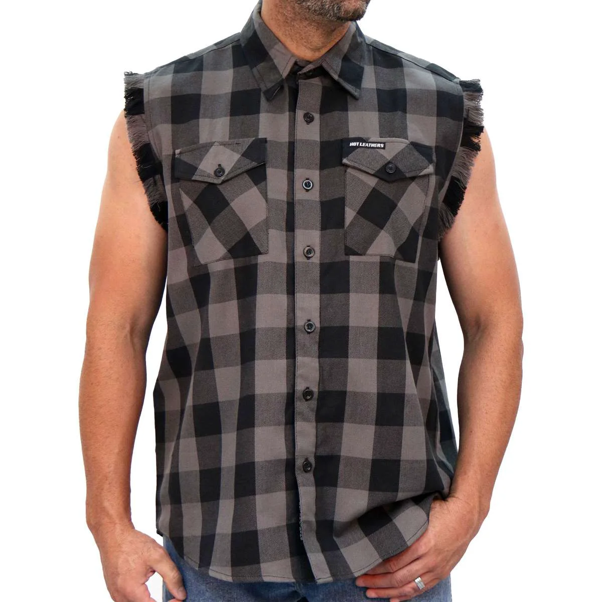 Luxury Hot Leathers FLM5203 Men’s Sleeveless Fringe Grey and Black Flannel Shirt Pure