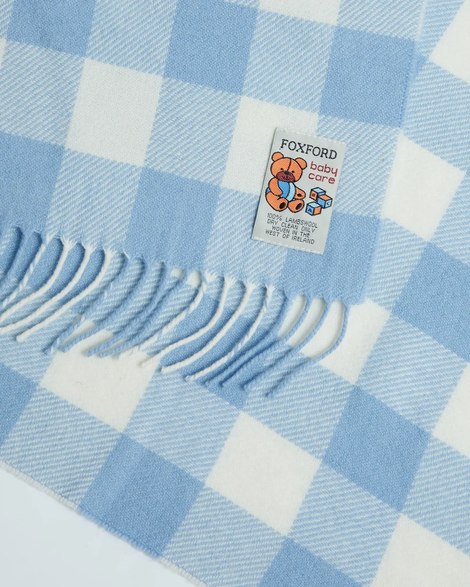 Quality Foxford Blue Check Lambswool Baby Blanket Verified