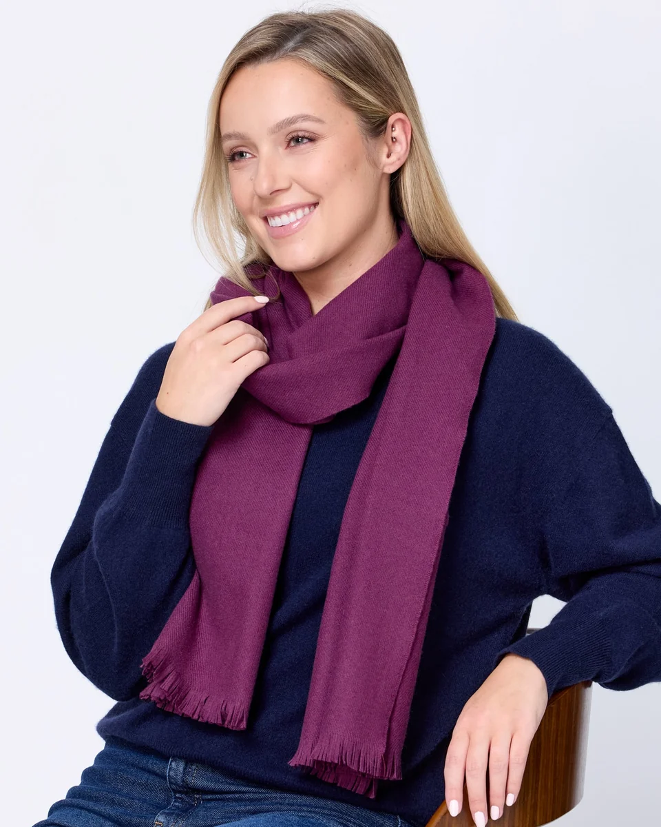 High-Quality Foxford Solid Aubergine Fine Wool Cashmere Blend Scarf Organic