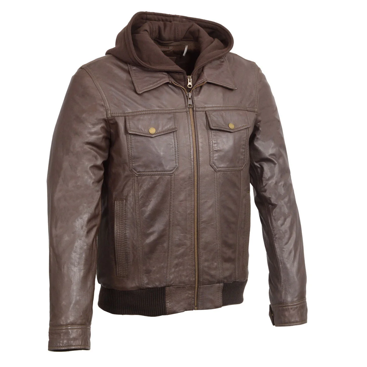 Fine Wilsons Leather SH3353 Men’s Brown Leather Zipper Front Bomber Jacket with Zip Off Hoodie Refined